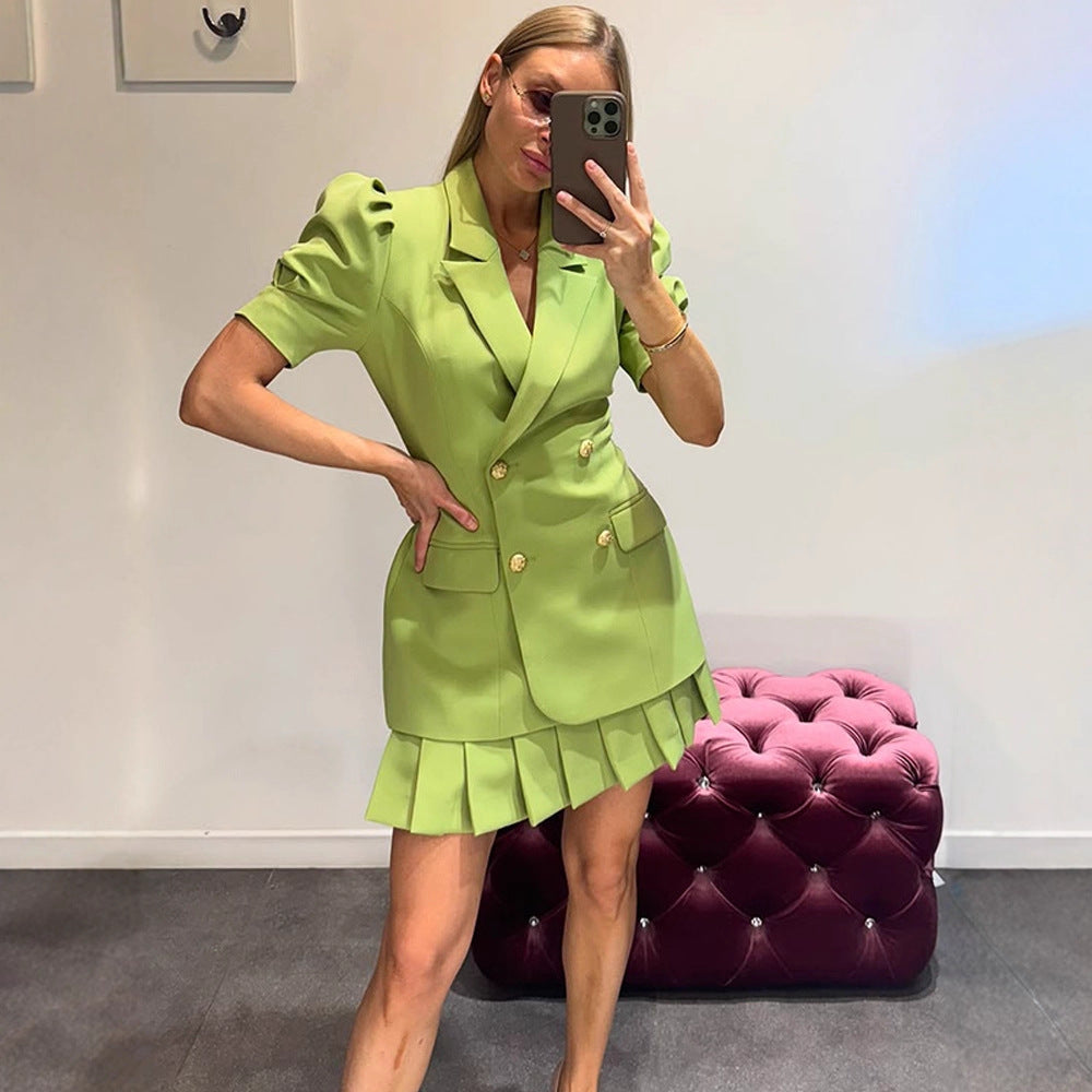 Damen Doppelreihiges Blazerkleid mit Puffärmeln und plissiertem Saum Nord Taschen