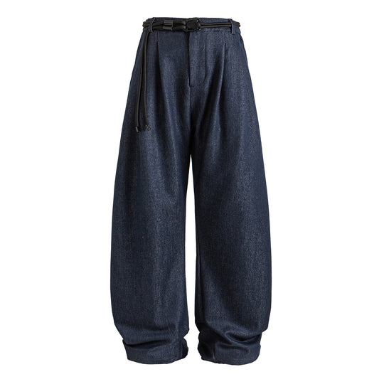 Damen Weite hochtaillierte Jeanshose mit Bundfalten, Kordelgürtel und Culotte-Schnitt Nord Taschen