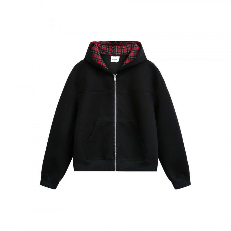 Damen Boxy-Kapuzen-Sweatjacke mit durchgehendem Reißverschluss, kariert gefütterter Kapuze und Kängurutaschen Nord Taschen