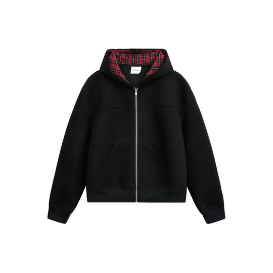 Damen Boxy-Kapuzen-Sweatjacke mit durchgehendem Reißverschluss, kariert gefütterter Kapuze und Kängurutaschen Nord Taschen