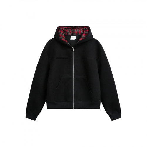 Damen Boxy-Kapuzen-Sweatjacke mit durchgehendem Reißverschluss, kariert gefütterter Kapuze und Kängurutaschen Nord Taschen