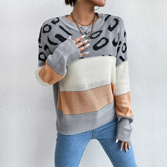Damen Oversize-Feinstrickpullover mit Leoparden-Jacquard, Blockstreifen & offener Naht Nord Taschen