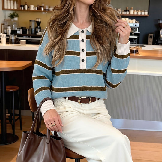 Damen Gemusterter Strickpullover mit Knopfleiste Nord Taschen