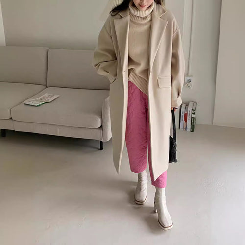 Damen Longline Wollmix-Mantel mit kastiger Oversize-Passform und cleanem Revers Nord Taschen