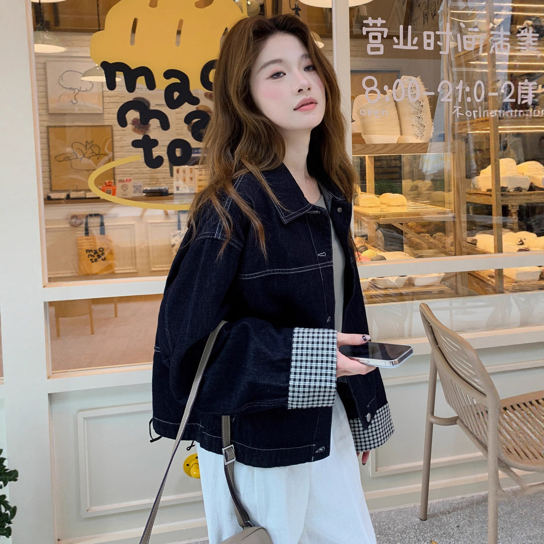 Damen Boxy-Jeansjacke mit kontrastierenden Nähten, Kordelzugsaum und karierten Manschetten Nord Taschen