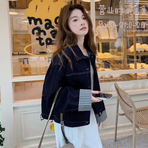 Damen Boxy-Jeansjacke mit kontrastierenden Nähten, Kordelzugsaum und karierten Manschetten Nord Taschen