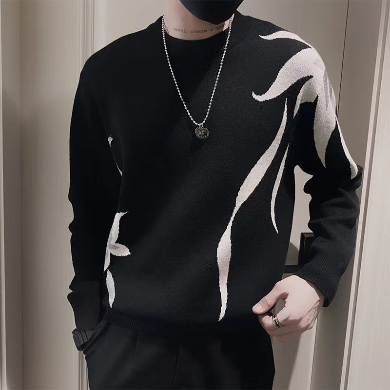 Herren Strickpullover mit abstraktem Flammen‑Jacquard und Rundhalsausschnitt Nord Taschen