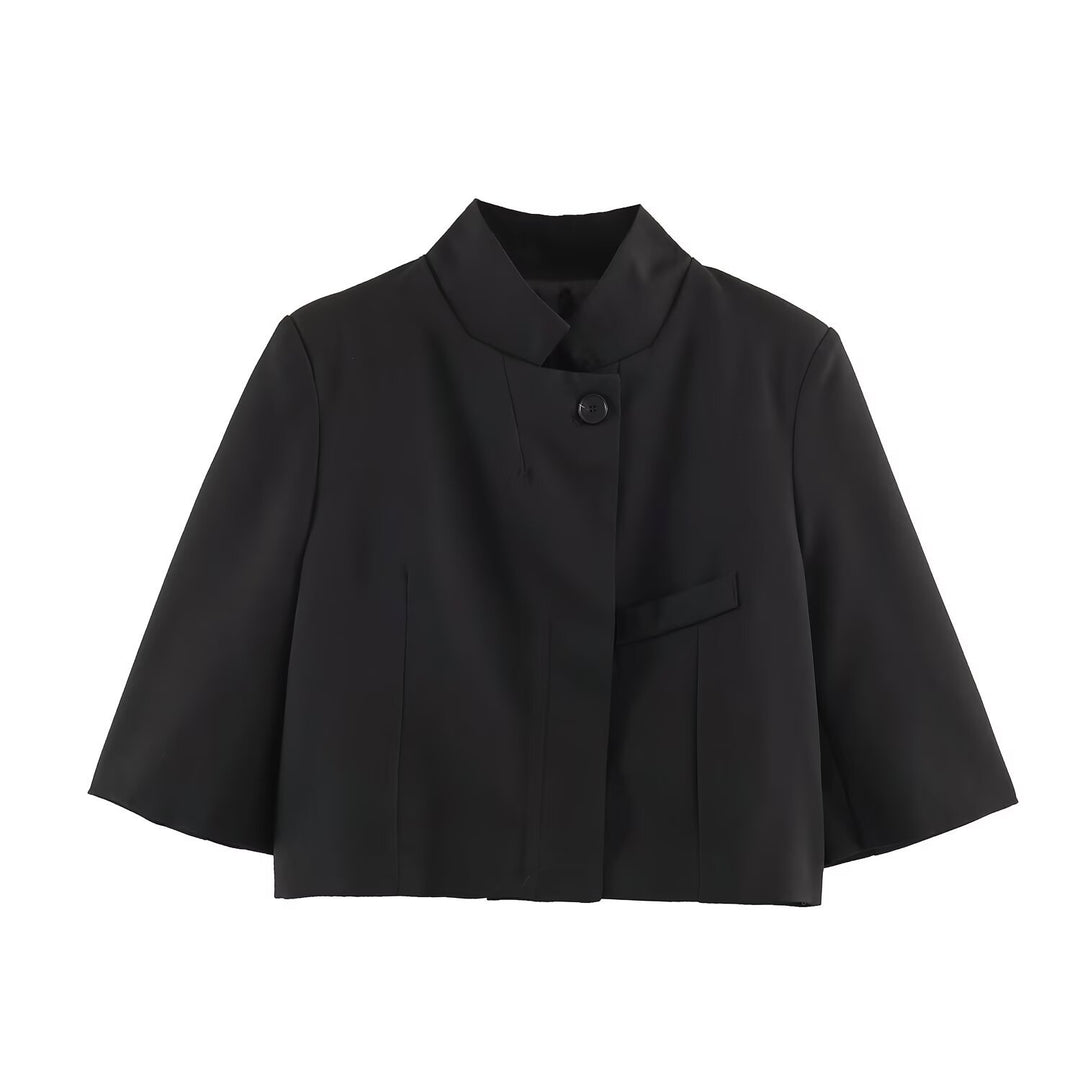 Damen Elegante Cropped-Jacke mit Stehkragen, verdeckter Knopfleiste und 3/4-Ärmeln Nord Taschen