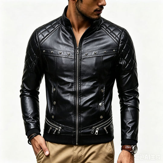 Herren Biker-Lederjacke mit gesteppter Schulter, voluminösem Fellkragen und Zierreißverschlüssen Nord Taschen
