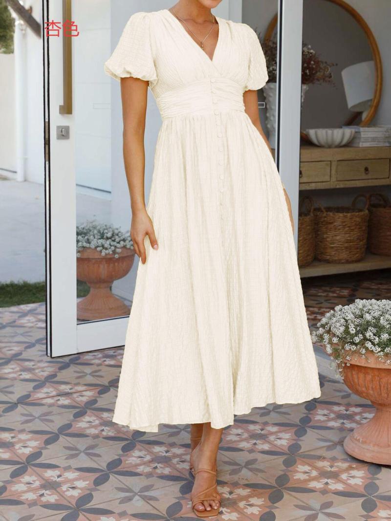 Damen Maxikleid mit V-Ausschnitt und luftigen Puffärmeln