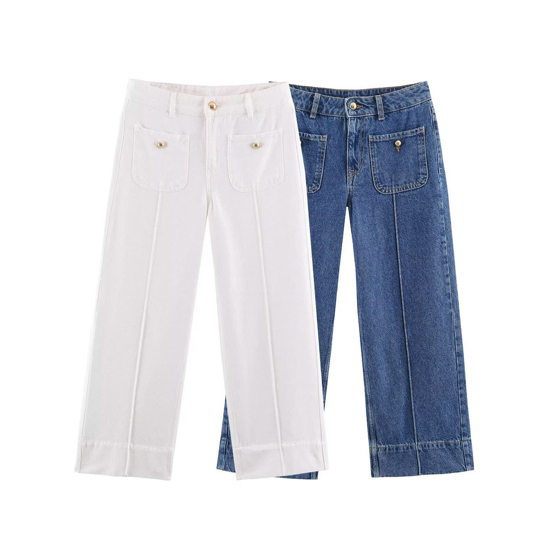 Damen Weite High‑Waist Jeans mit aufgesetzten Fronttaschen und Kantennaht Nord Taschen