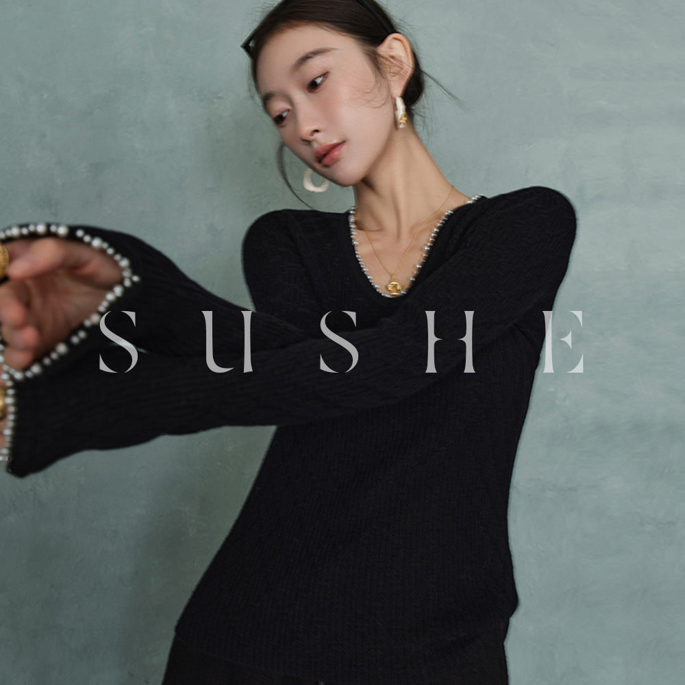 Damen Feinstrickpullover mit Perlenbesatz am V-Ausschnitt Nord Taschen