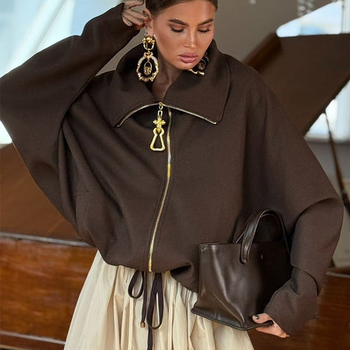 Damen Lässige Oversize-Jacke mit hohem Kragen und Reißverschluss
