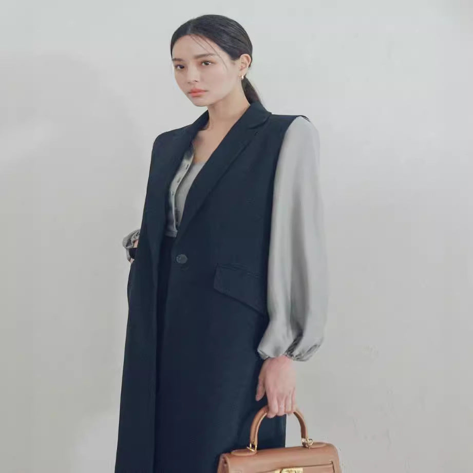 Damen Ärmellose Longweste im Tailoring mit Pattentaschen und einreihiger Knopfleiste Nord Taschen