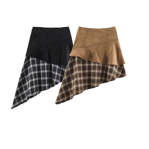 Damen Asymmetrischer Lagenrock mit Kunstleder-Oberschürze und kariertem Chiffon-Volant Nord Taschen