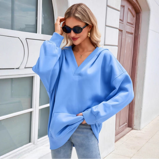 Damen Oversize V-Ausschnitt Hoodie mit Kapuze, Kängurutasche und verlängertem Saum Nord Taschen