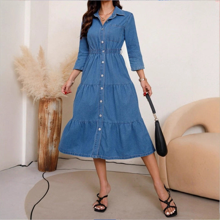 Damen Hemdblusenkleid aus Denim mit taillenbetonendem Gummizug, Knopfleiste & Stufenrock Nord Taschen