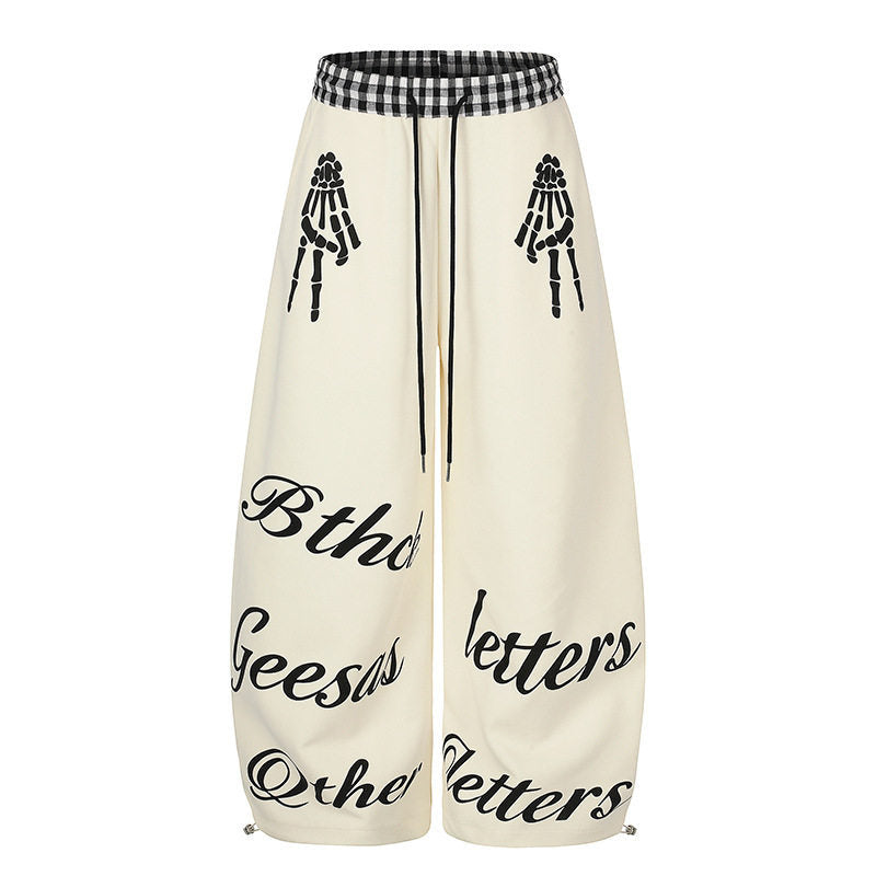 Damen Extraweite Palazzo-Sweathose mit Karo-Komfortbund, Tunnelzug und Skelett-Print Nord Taschen