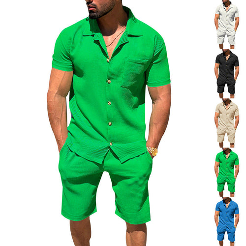 Herren nan lässiges zweiteiliges Freizeitset aus geripptem Jersey mit Hemdkragen Knopfleiste und Shorts