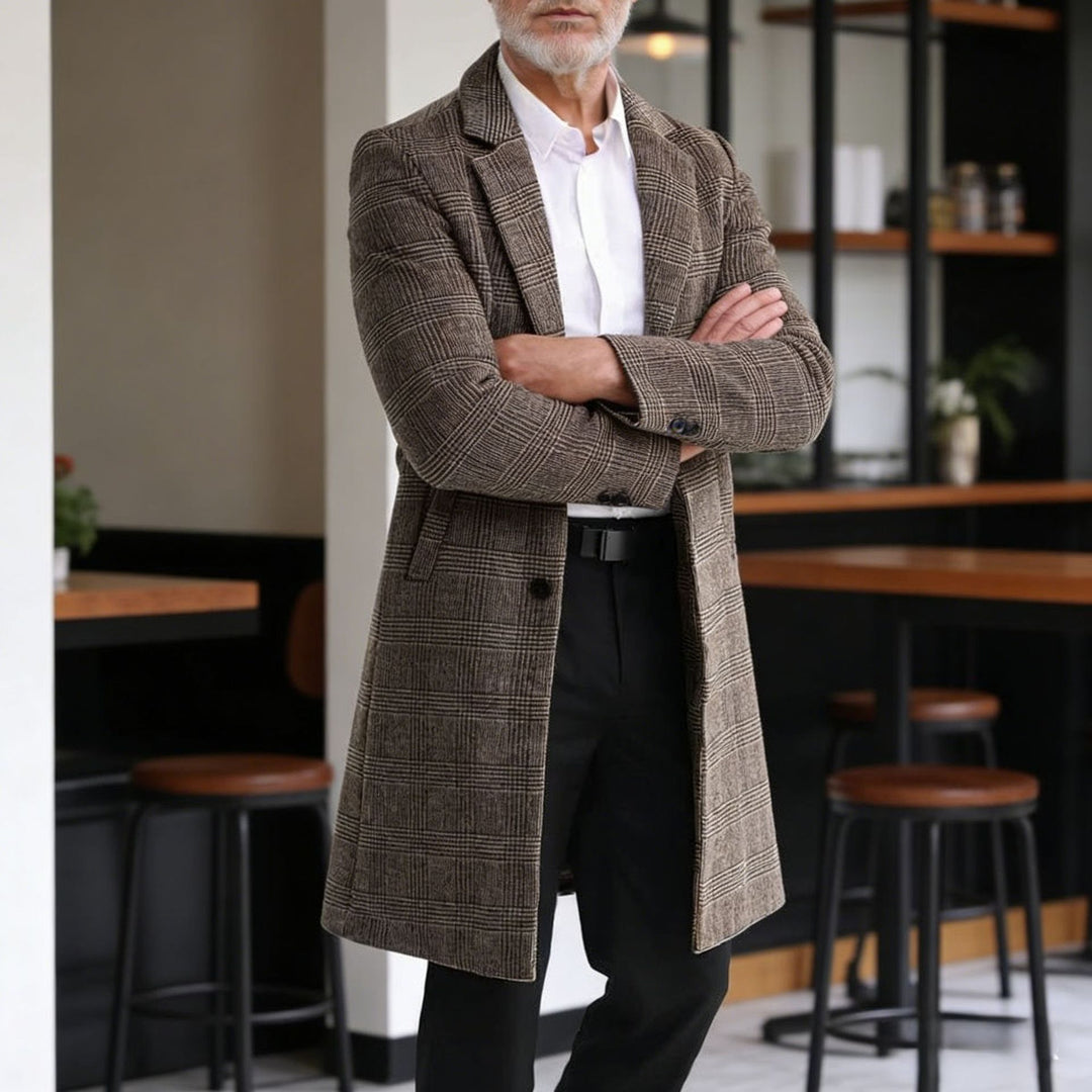 Herren Wollblendmantel im Glencheck mit schlanker langer Silhouette Nord Taschen
