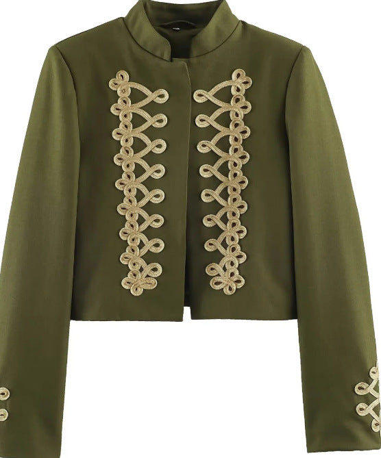Damen Cropped Militärjacke mit Stehkragen und dekorativen Zierkordeln Nord Taschen