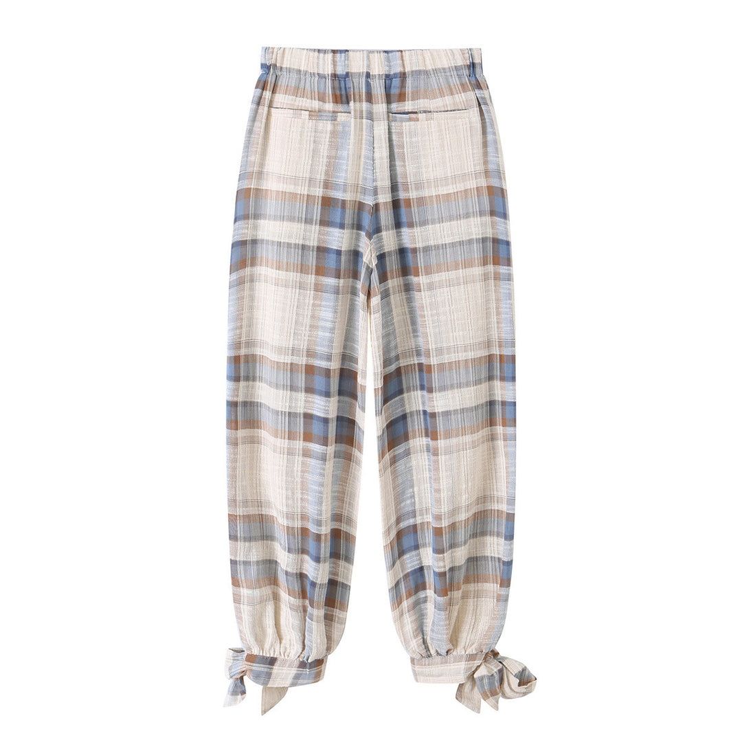 Damen Karierte Leinen-Mix Bundfaltenhose mit Tunnelzug und Schleifenbündchen Nord Taschen