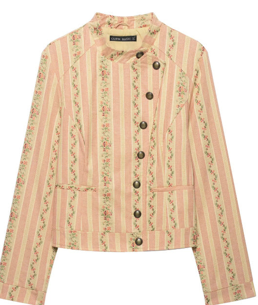 Damen Kurzjacke im Vintage-Streifen- und Blumenmuster mit Stehkragen und dekorativer Knopfleiste Nord Taschen