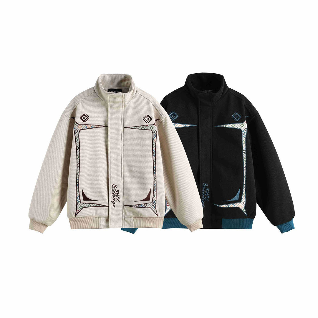 Damen Leichte Stehkragen-Jacke mit folkloren Stickapplikationen und gerippten Bündchen Nord Taschen