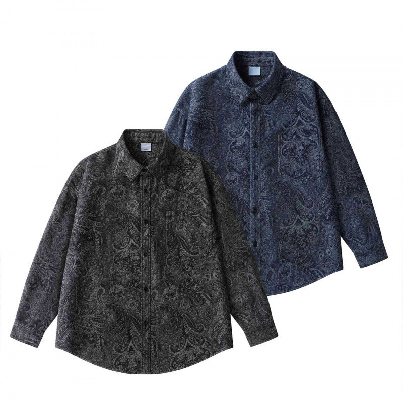 Unisex Oversize Hemdjacke mit Paisley‑Jacquard, durchgehender Knopfleiste und Brusttasche Nord Taschen