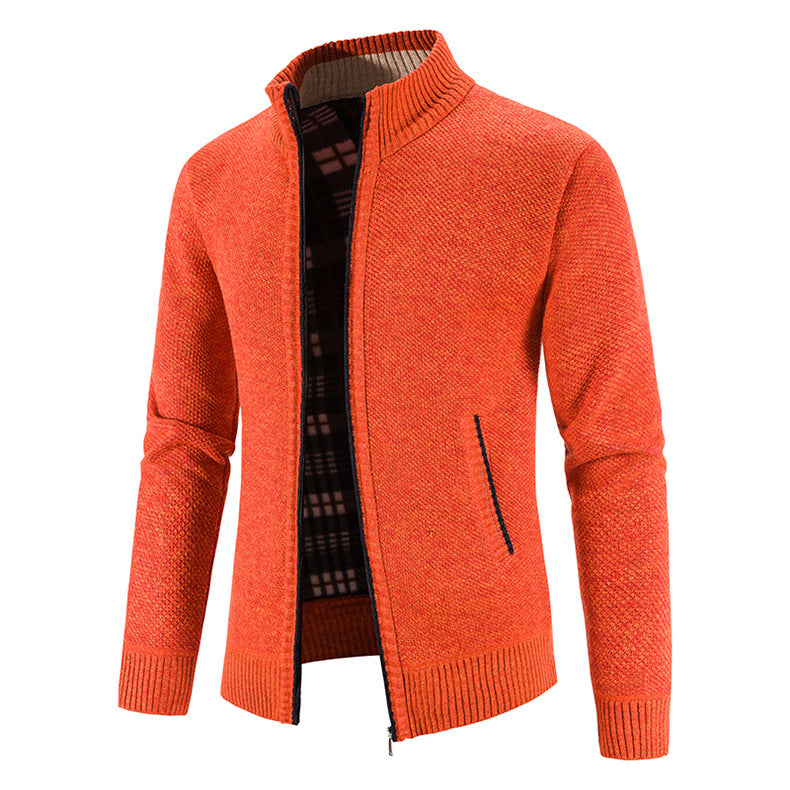 Herren Strickjacke mit durchgehendem Reißverschluss, Stehkragen und kariertem Futter Nord Taschen