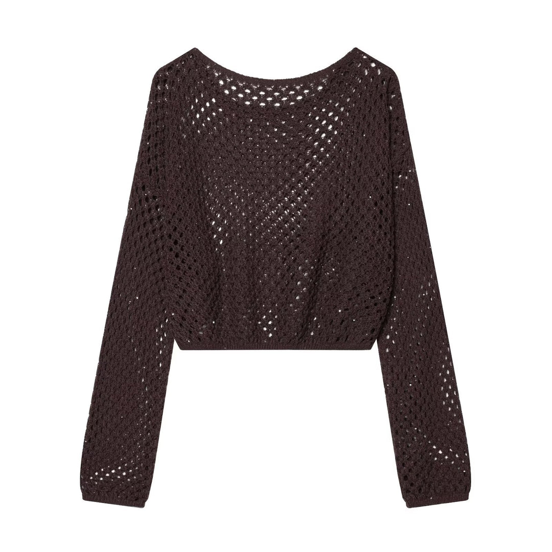 Damen Gehäkelter Lochstrick-Cropped-Pullover mit Ballonärmeln Nord Taschen