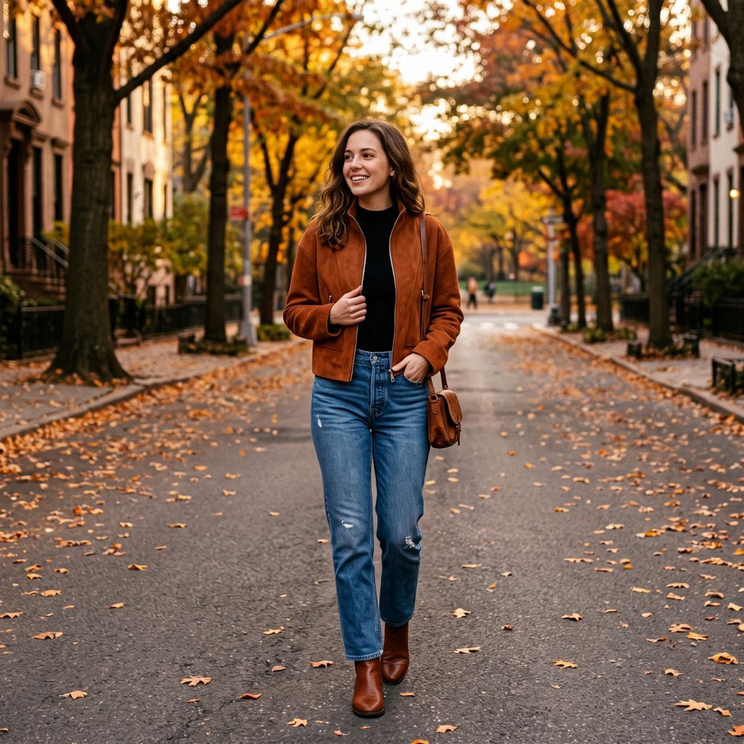 Damen Kurzjacke im Boxy-Cropped-Schnitt aus Velourslederoptik mit Stehkragen und Metallreißverschlüssen Nord Taschen