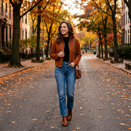 Damen Kurzjacke im Boxy-Cropped-Schnitt aus Velourslederoptik mit Stehkragen und Metallreißverschlüssen Nord Taschen