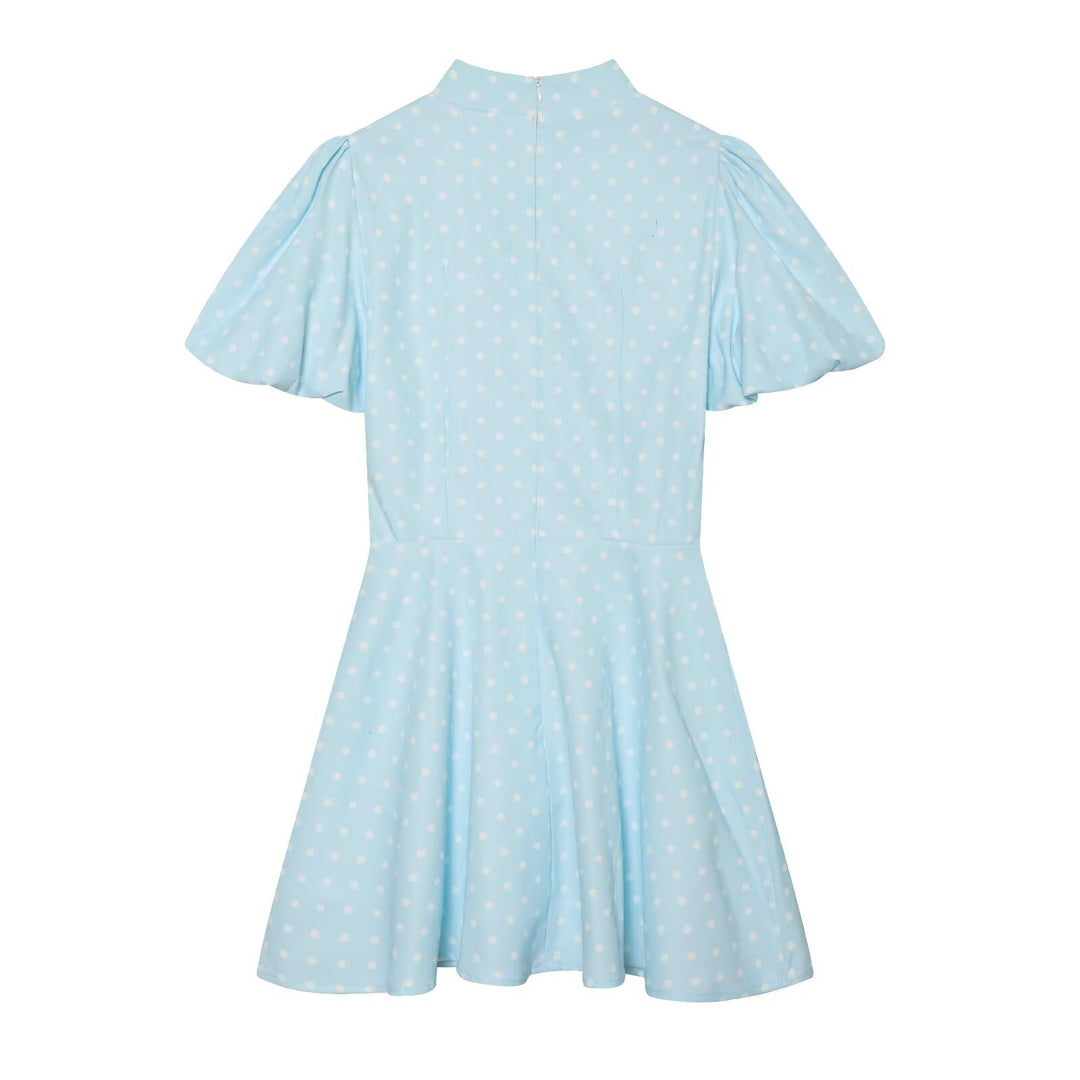 Damen Gepunktetes A‑Linien‑Kleid mit Stehkragen, Taillierung und Ballonärmeln Nord Taschen