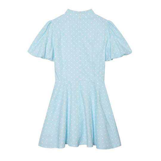 Damen Gepunktetes A‑Linien‑Kleid mit Stehkragen, Taillierung und Ballonärmeln Nord Taschen