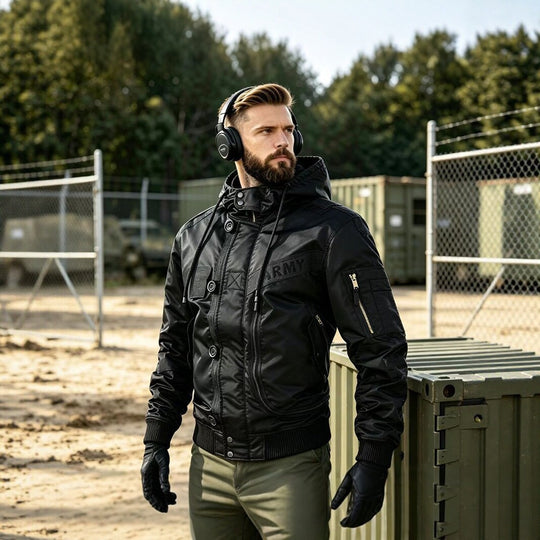 Herren Militärinspirierte Kapuzen-Bomberjacke mit Utility-Taschen Nord Taschen