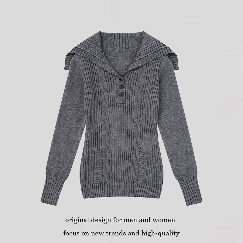 Damen Strickpullover mit Zopfmuster, Schalkragen und Knopfleiste Nord Taschen