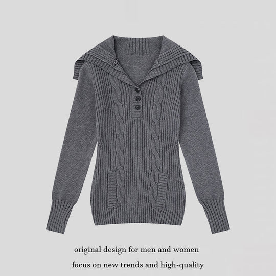 Damen Strickpullover mit Zopfmuster, Schalkragen und Knopfleiste Nord Taschen
