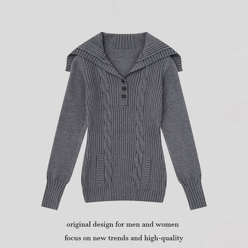 Damen Strickpullover mit Zopfmuster, Schalkragen und Knopfleiste Nord Taschen