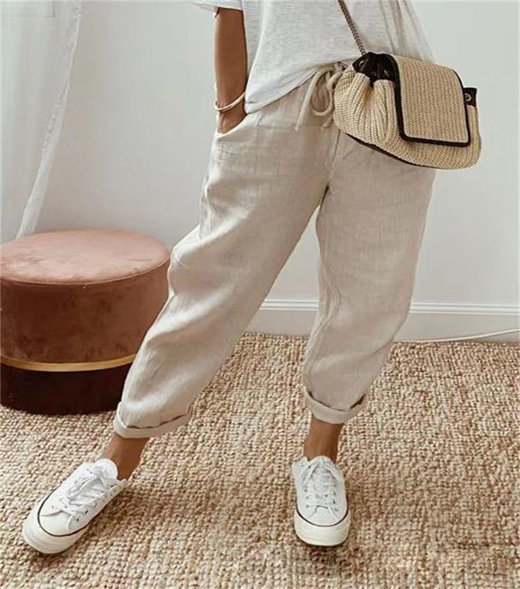 Damen Lässige Leinen-Joggerhose mit hohem Bund, Tunnelzug und gekrempeltem Saum Nord Taschen