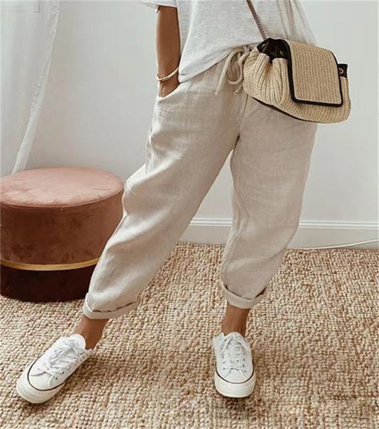 Damen Lässige Leinen-Joggerhose mit hohem Bund, Tunnelzug und gekrempeltem Saum Nord Taschen