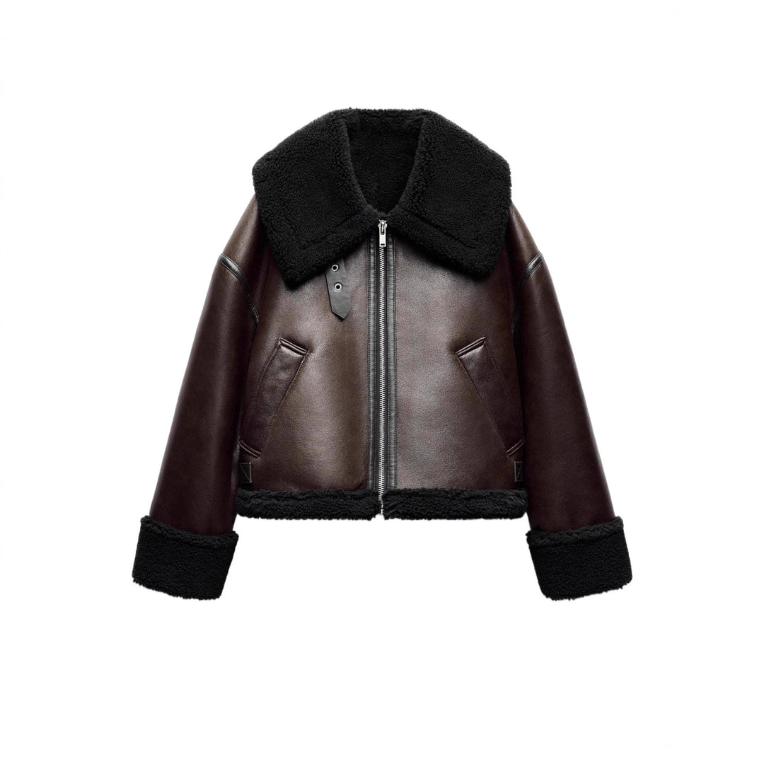 Damen Kurz geschnittene Aviator‑Jacke aus Lammfellimitat mit großem Teddykragen Nord Taschen