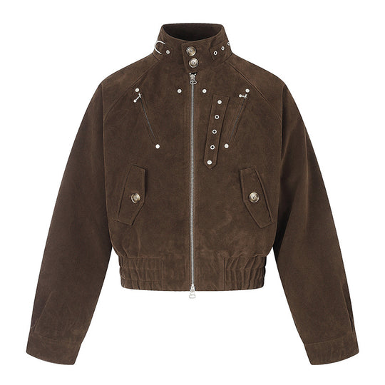 Damen kurze Wildleder‑Bomberjacke mit hohem Stehkragen und metallischen Details Nord Taschen