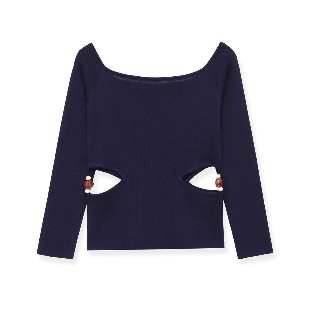 Damen Langarmshirt mit seitlichen Taillen-Aussparungen und Perlenbesatz Nord Taschen