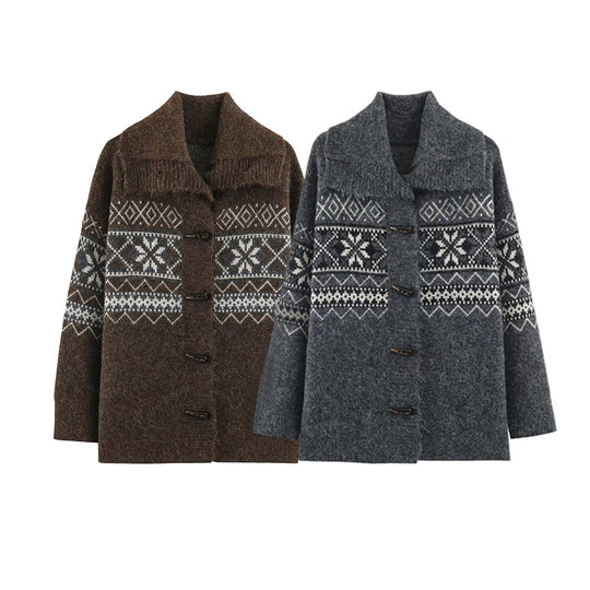 Damen Norwegisch gemusterter Wollmix-Dufflecoat mit Schalkragen und Knebelverschlüssen Nord Taschen