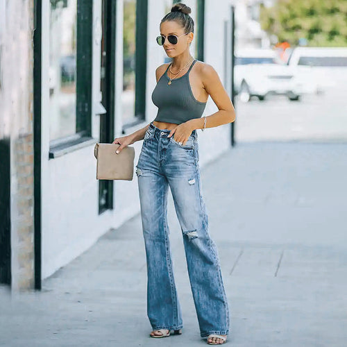 Damen Hochtaillierte weite Straight-Leg-Jeans mit Destroyed-Details Nord Taschen