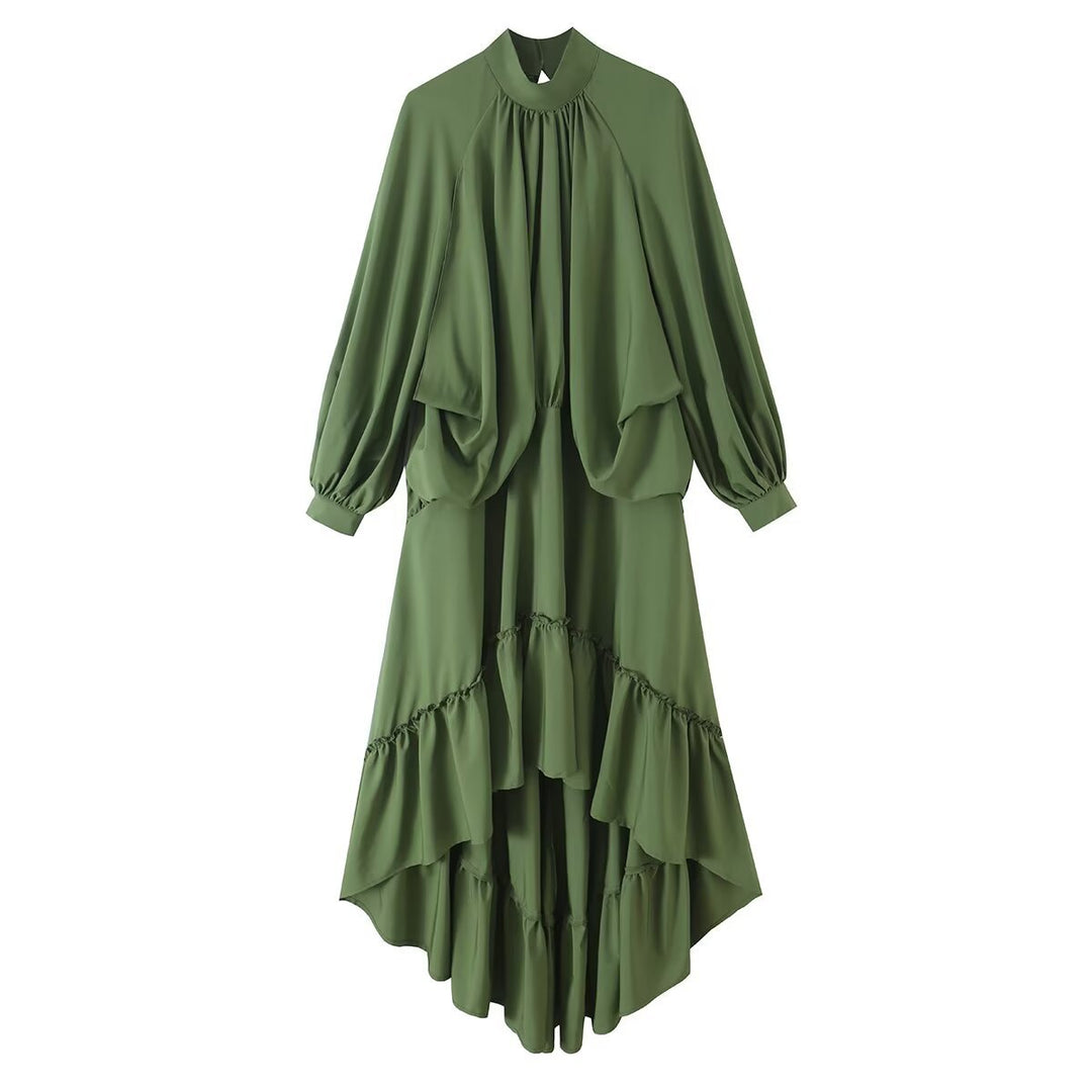 Damen Fließendes Maxikleid mit Ballonärmeln, Rüschendetails und Stehkragen Nord Taschen