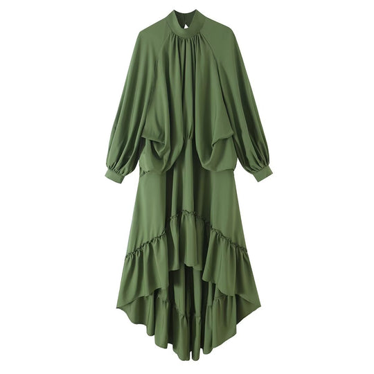 Damen Fließendes Maxikleid mit Ballonärmeln, Rüschendetails und Stehkragen Nord Taschen