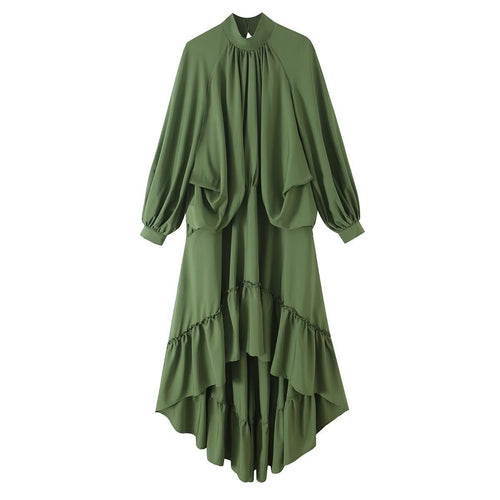 Damen Fließendes Maxikleid mit Ballonärmeln, Rüschendetails und Stehkragen Nord Taschen
