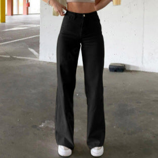 Damen hochgeschnittene Weitbein-Hose aus Baumwollmix mit verlängertem Bein und Fünf-Taschen-Design Nord Taschen